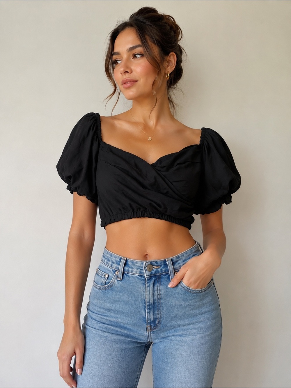 ASTR Black Puff Sleeve Smocked Crop Top